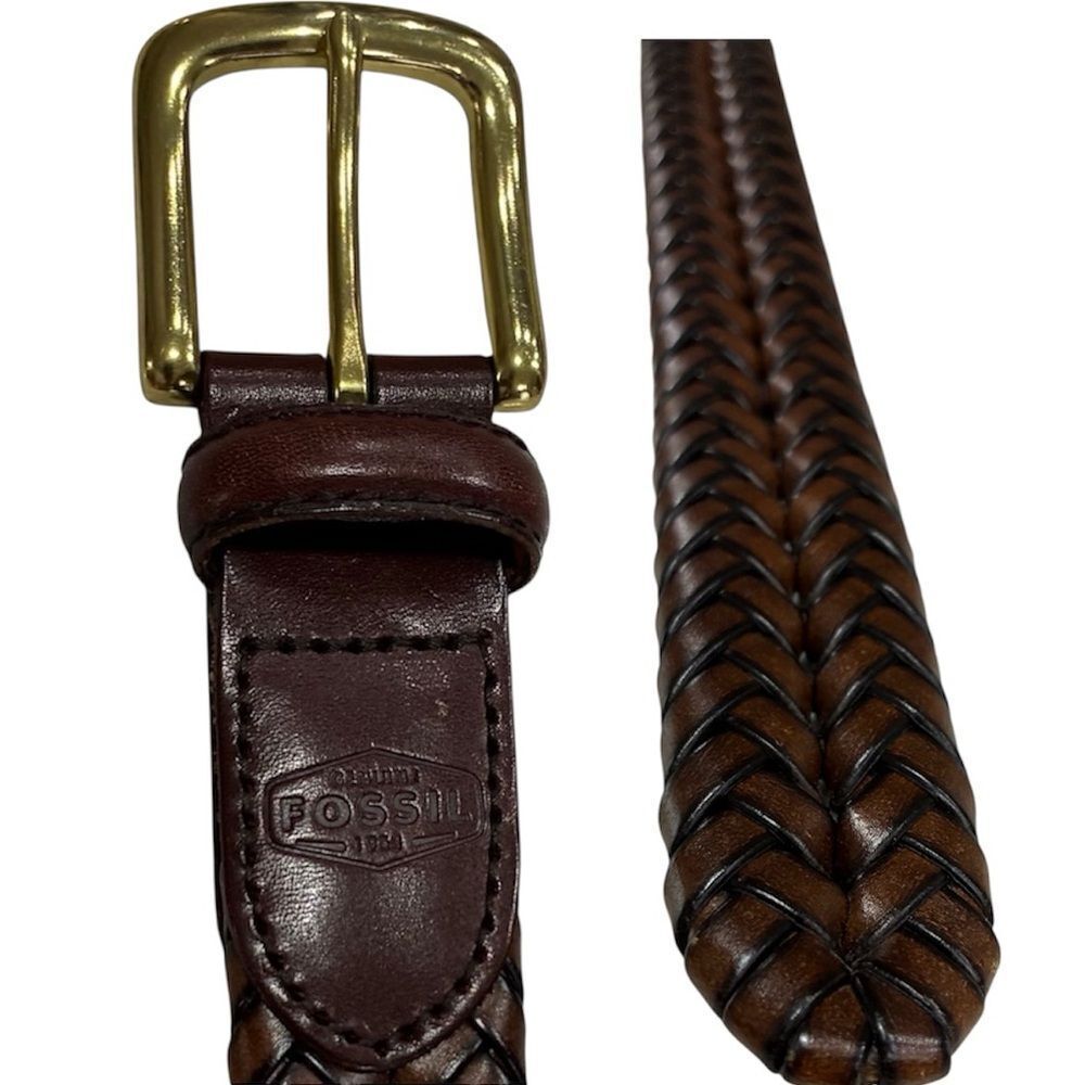 Fossil Vintage Brown Braided Leather Belt Size 34 Brass Buckle LNWT